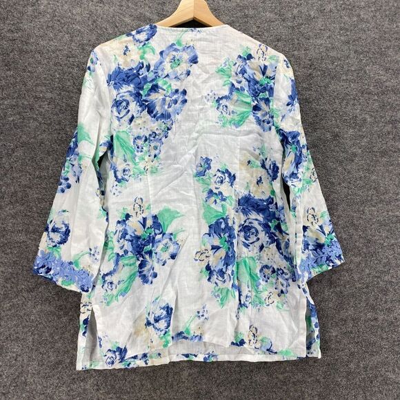 Charter Club Blouse Women M Medium White Floral V-Neck 3/4 Sleeve Linen Casual - Picture 2 of 8